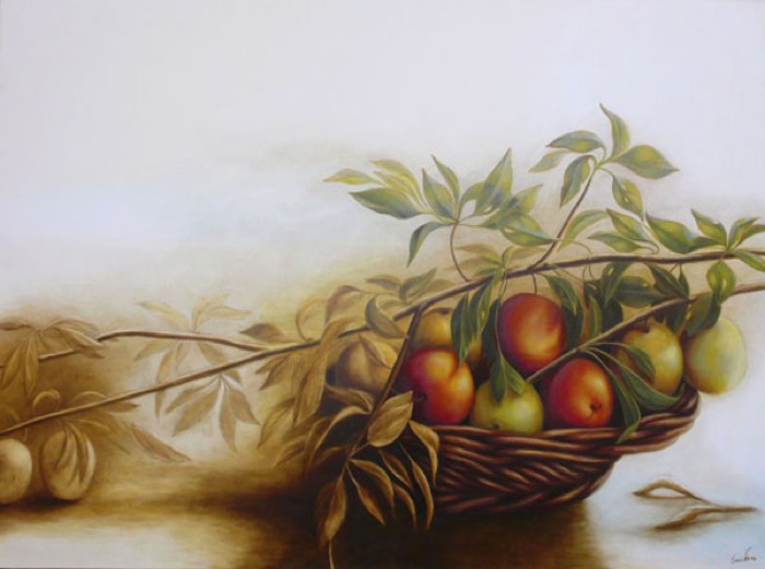 Still life oil painting: Concerto for Plums & Basket