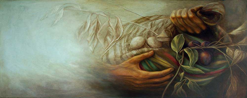 Oil painting: Hands with Olives